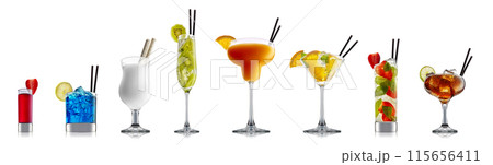 Set of cocktails with decoration from fruits isolated on white background Set of cocktails with decoration from fruits isolated on white background 115656411