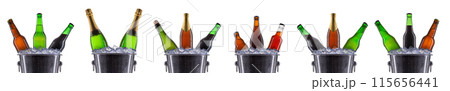 Metal champagne ice buckets with set of beer isolated on a white background Metal champagne ice buckets with set of beer isolated on a white background 115656441