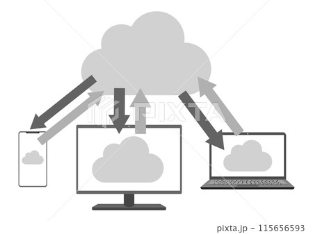 クラウドストレージで複数の機器のデータを利用するモノクロイラスト 115656593