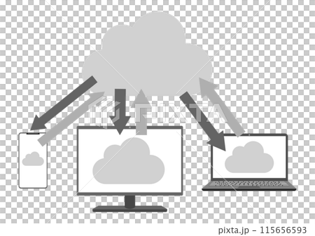クラウドストレージで複数の機器のデータを利用するモノクロイラスト 115656593