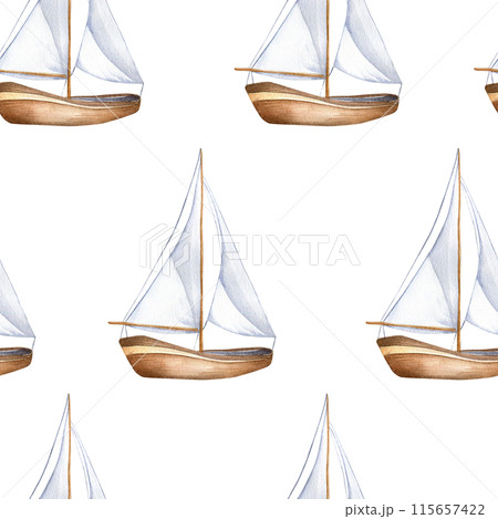Sailing ship vintage style watercolor seamless pattern isolated on white. Sailboat, vessel, sea transport hand drawn endless background. Childish nautical design for boy's room, textile Sailing ship vintage style watercolor seamless pattern isolated on white. Sailboat, vessel, sea transport hand drawn endless background. Childish nautical design for boy's room, textile 115657422