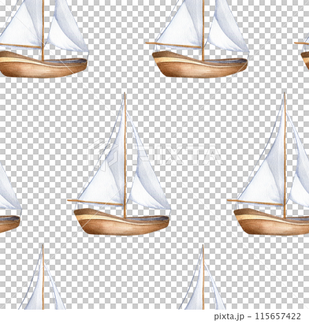 Sailing ship vintage style watercolor seamless pattern isolated on white. Sailboat, vessel, sea transport hand drawn endless background. Childish nautical design for boy's room, textile Sailing ship vintage style watercolor seamless pattern isolated on white. Sailboat, vessel, sea transport hand drawn endless background. Childish nautical design for boy's room, textile 115657422