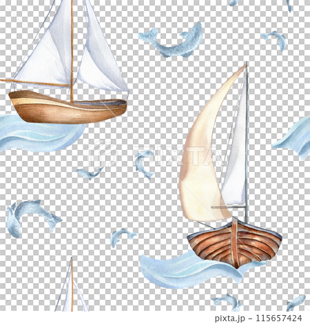 Sailing ship on waves and small fish hand drawn by seamless pattern. Seafaring in watercolor nautical design textile. Fishes and boat on background isolated. Element for packaging, marine products Sailing ship on waves and small fish hand drawn by seamless pattern. Seafaring in watercolor nautical design textile. Fishes and boat on background isolated. Element for packaging, marine products 115657424