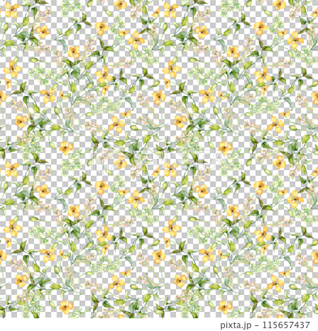 Yellow medicinal flowers, nettle in watercolor seamless pattern isolated on white. Celandine and urtica dioica in sketch. Medicinal plant, floral print hand drawn. Design for label, package, postcard 115657437