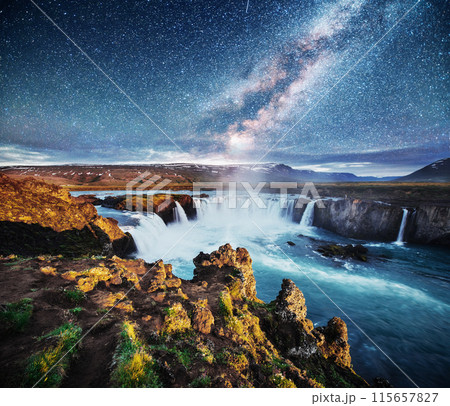 Hodafoss very beautiful Icelandic waterfall. It is located in the north near Lake Myvatn and the Ring Road. Fantastic starry sky and the milky way Hodafoss very beautiful Icelandic waterfall. It is located in the north near Lake Myvatn and the Ring Road. Fantastic starry sky and the milky way 115657827