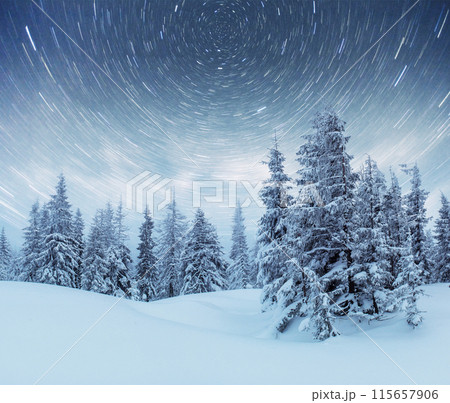 starry sky in winter snowy night. fantastic milky way in the New Year's Eve. In anticipation of the holiday. Dramatic scene. Carpathian. Ukraine 115657906