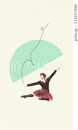Contemporary art collage. Young man, ballet dancer leaping in air against geometry elements on pastel colored background. 115657996