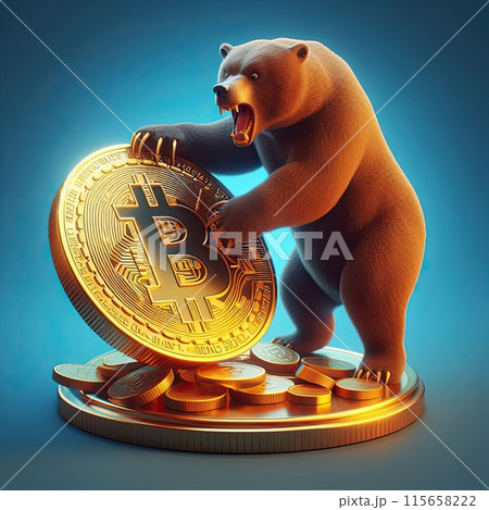 Create a three-dimensional illustration Bitcoin coin and bear Refers to the word "bear market", a period in which the Bitcoin market has a highly volatile price. Create a three-dimensional illustration Bitcoin coin and bear Refers to the word "bear market", a period in which the Bitcoin market has a highly volatile price. 115658222