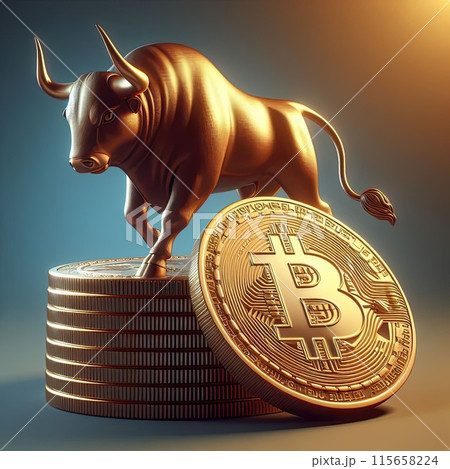 Create a three-dimensional illustration Bitcoin coin with bull Refers to the word "bull market" when Bitcoin makes high amounts of money. Create a three-dimensional illustration Bitcoin coin with bull Refers to the word "bull market" when Bitcoin makes high amounts of money. 115658224