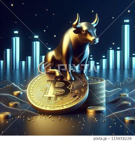 Create a three-dimensional illustration Bitcoin coin with bull Refers to the word "bull market" when Bitcoin makes high amounts of money. 115658226