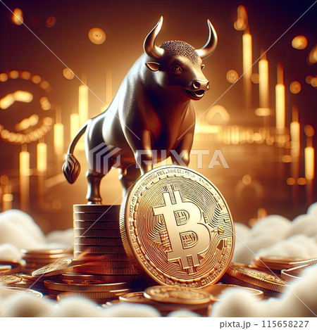 Create a three-dimensional illustration Bitcoin coin with bull Refers to the word "bull market" when Bitcoin makes high amounts of money. 115658227