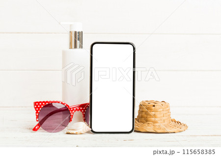 Smartphone mock up template with summer objects. Perspective view with copy space for text 115658385