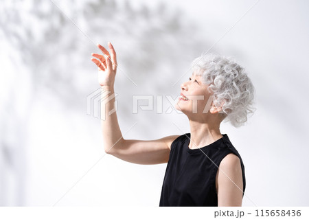 ビューティー　日差し　グレイヘアの女性 115658436