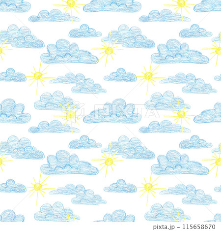 Hand drawn wax crayon sky drawing seamless pattern isolated on white background. Illustration can be used for textile, scrapbook and other printed products. 115658670