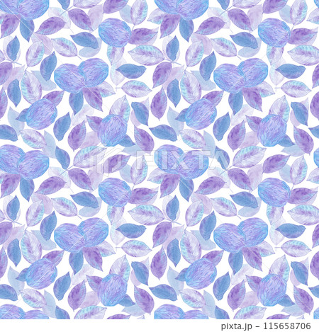 Hand drawn watercolor purple walnut with leaves seamless pattern isolated on white background. Can be used for textile, fabric, wrapping and other printed products. 115658706
