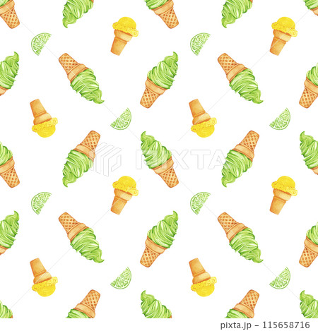 Hand drawn watercolor ice-cream cone with lemon seamless pattern isolated on white background. Can be used for textile, fabric, wrapping and other printed products. 115658716