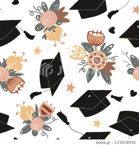 Cute graduation caps, stars, and flower...のイラスト素材 [115658938] - PIXTA
