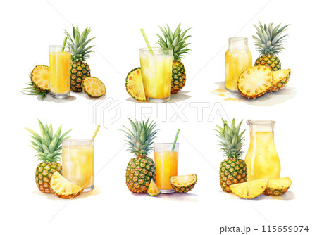 Pineapple Juice, Beverages Illustration. Watercolor Style. AI Generated 115659074