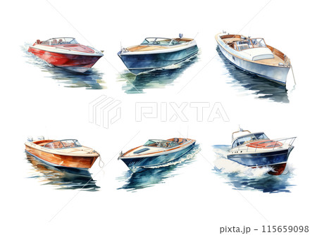 Cute watercolor painting style illustration of Speed Boat, isolated on white background 115659098