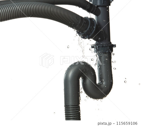 Leaking water from gray plastic pipe under sink. Drain leak water from pipe plumbing in bathroom as water clogged drop. White background isolated 115659106