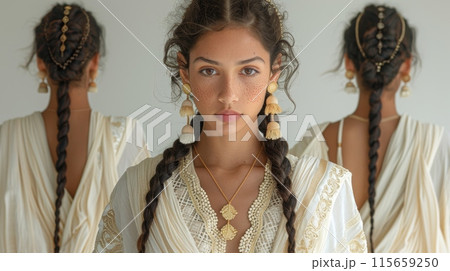 Vesak Festival . fashion collection of traditional Sri Lankan clothing inspired by the white robes worn by Buddhists during Vesak, incorporating Buddhist symbols and motifs. Vesak Festival . fashion collection of traditional Sri Lankan clothing inspired by the white robes worn by Buddhists during Vesak, incorporating Buddhist symbols and motifs. 115659250