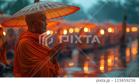 Vesak Festival . Buddhist Devotees: Buddhists from all walks of life participate in Vesak with devotion, seeking spiritual renewal and inspiration from Buddha's teachings. 115659256