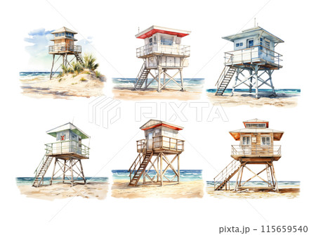 Cute watercolor painting style illustration of Lifeguard Stand, isolated on white background 115659540
