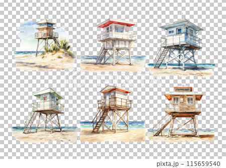 Cute watercolor painting style illustration of Lifeguard Stand, isolated on white background 115659540
