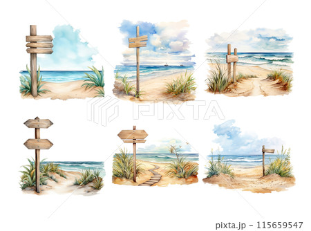 Cute watercolor painting style illustration of Road to Beach, isolated on white background Cute watercolor painting style illustration of Road to Beach, isolated on white background 115659547