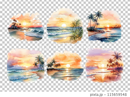 Sunset, Summer Illustration. Watercolor Style. Sunset, Summer Illustration. Watercolor Style. 115659548