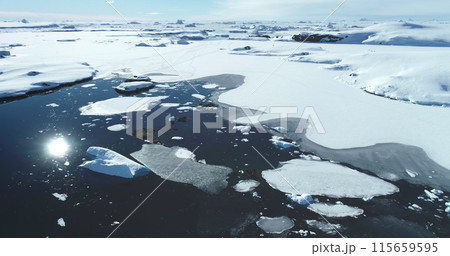 Aerial view Polar ocean frozen landscape. Ice melting under summer sun, floating on dark surface. Nature lake with blue water and broken ice flow. Ecology, melting ice, climate change, global warming 115659595