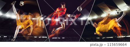 Collage. Young men, soccer players in red and yellow uniform in mid-air pose, hitting ball in motion on stadium with flashlights. Collage. Young men, soccer players in red and yellow uniform in mid-air pose, hitting ball in motion on stadium with flashlights. 115659664