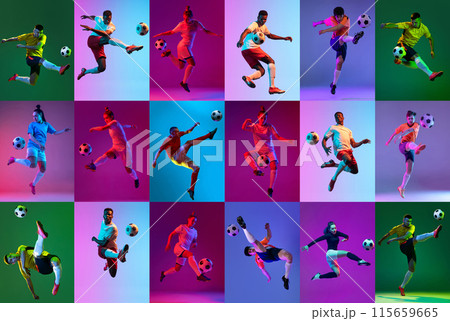 Collage. Different young people,. men and women, football players in mid-air hitting soccer ball, playing against multicolored background in neon light Collage. Different young people,. men and women, football players in mid-air hitting soccer ball, playing against multicolored background in neon light 115659665