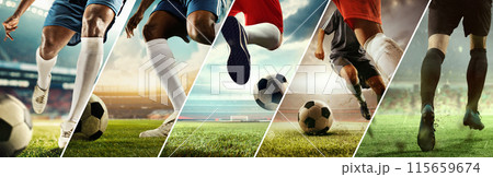 Opponents of field. Collage. Cropped image of male feet, soccer player in motion with ball during intense match on stadium. 115659674