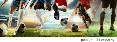 Cropped images of male feet, soccer players in motion on stadium during game, competing for victory. Collage. 115659675
