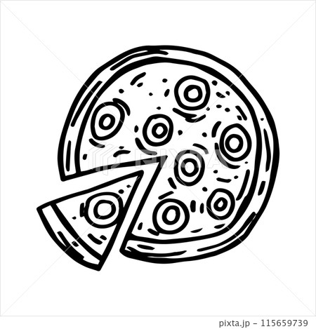 Pizza circle divided into pieces, drawing in sketch style. black and white graphics, engraving 115659739