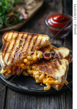 Comfort food delight: Mac and cheese grilled sandwich with bacon 115659791