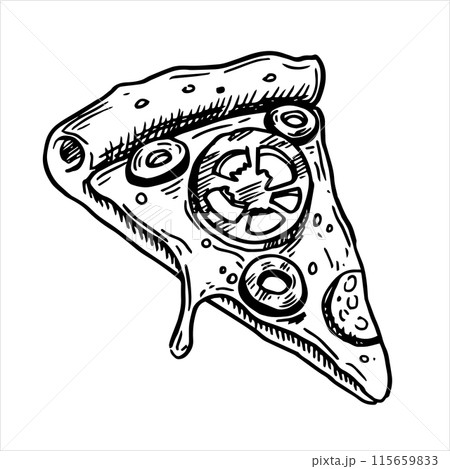 piece of pizza, drawing in sketch style. black and white graphics, engraving piece of pizza, drawing in sketch style. black and white graphics, engraving 115659833