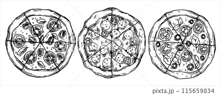 Set of pizza circles divided into pieces, drawing in sketch style. black and white graphics, engraving 115659834