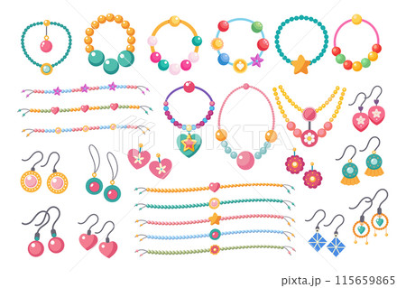 Kids jewelry set. Colorful handmade bracelets, earrings and necklaces with plastic beads, stars, hearts, flowers. Illustration in flat style. Vector 115659865