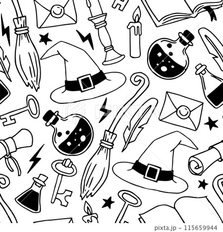 seamless pattern on the theme of magic, witchcraft. vintage black and white halloween print in hand drawing style seamless pattern on the theme of magic, witchcraft. vintage black and white halloween print in hand drawing style 115659944
