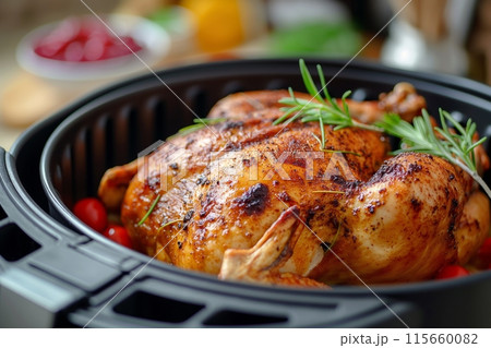 Whole roasted chicken with herbs, freshly made in an air fryer 115660082
