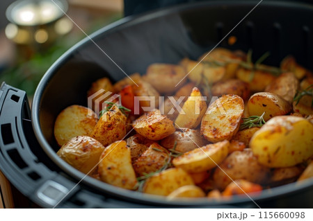 Freshly air fried potatoes, crispy and golden, ready to enjoy 115660098