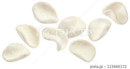 Shrimp chips isolated on white background with clipping path, full depth of field Shrimp chips isolated on white background with clipping path, full depth of field 115660172