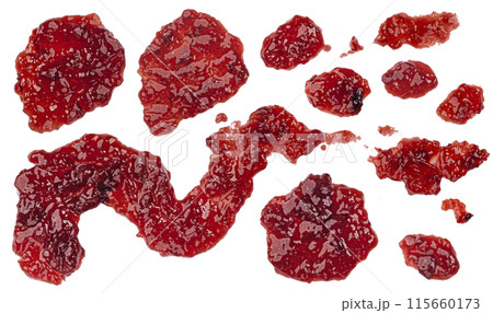 Stains and splashes of red berry jam, spilled fruit jam isolated on white background, top view 115660173