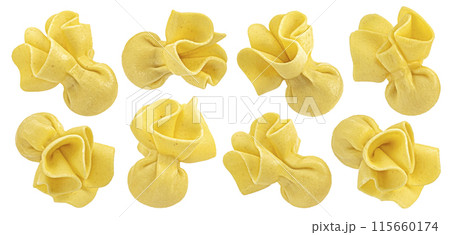 Italian Sacchettini pasta isolated on white background with clipping path, full depth of field 115660174