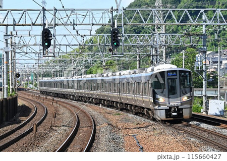 複々線東海道本線　島本駅に到着する通勤電車 115660427