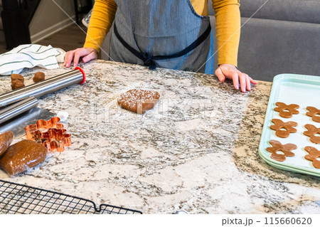 In a contemporary white kitchen, gingerbread cookie dough is skillfully rolled out, setting the stage for a delightful holiday treat. In a contemporary white kitchen, gingerbread cookie dough is skillfully rolled out, setting the stage for a delightful holiday treat. 115660620
