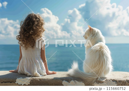 海を眺める少女に寄り添う白い猫の後ろ姿 115660752