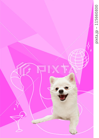 Contemporary artwork. Vector illustration. Little Spitz swimming in drawn flamingo float in swimming pool. Vibrant color scheme. Contemporary artwork. Vector illustration. Little Spitz swimming in drawn flamingo float in swimming pool. Vibrant color scheme. 115660800